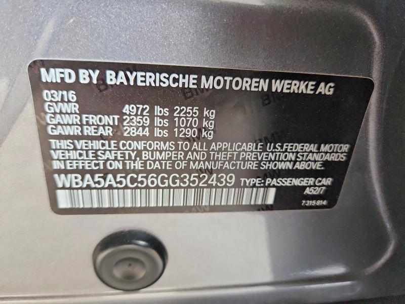 2016 Bmw 528 მანქანა იყიდება აუქციონზე, vin: WBA5A5C56GG352439, აუქციონის ნომერი: 52567026