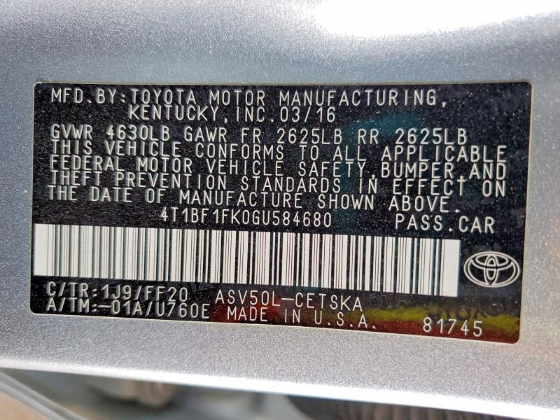 Продаж на аукціоні авто 2016 Toyota Camry, vin: 4T1BF1FK0GU584680, номер лоту: 53039836