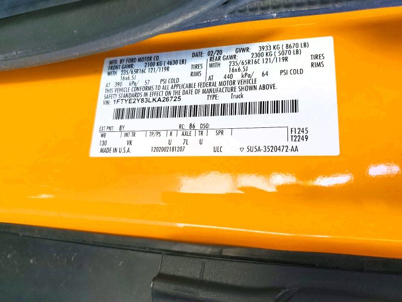 Продаж на аукціоні авто 2020 Ford Transit, vin: 1FTYE2Y83LKA26725, номер лоту: 55371966