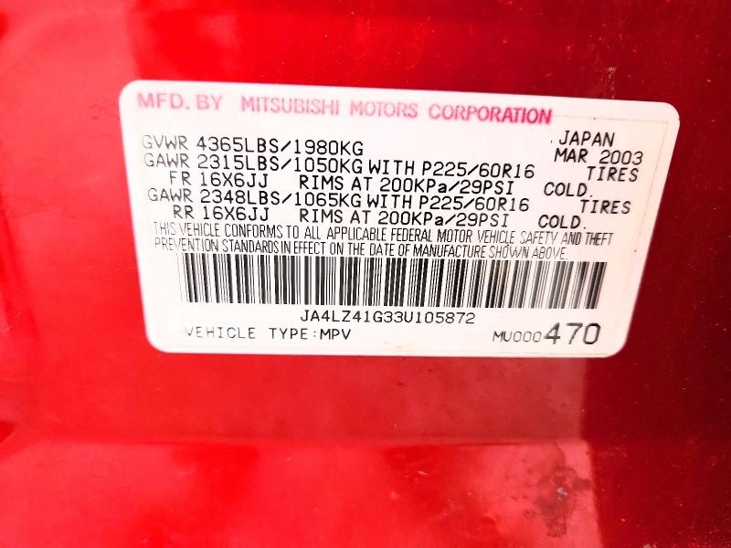 Aukcja sprzedaży 2003 Mitsubishi Outlander, vin: JA4LZ41G33U105872, numer aukcji: 54966676