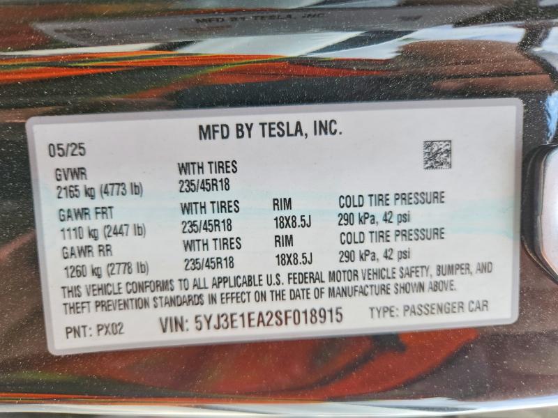 Aukcja sprzedaży 2025 Tesla Model 3, vin: 5YJ3E1EA2SF018915, numer aukcji: 54786816