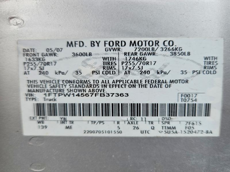 Aukcja sprzedaży 2007 Ford F150, vin: 1FTPW14567FB37363, numer aukcji: 52878486