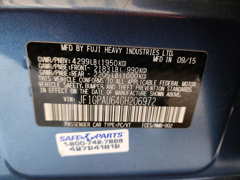 54528456 :رقم المزاد ، JF1GPAU64GH206972 vin ، 2016 Subaru Impreza مزاد بيع