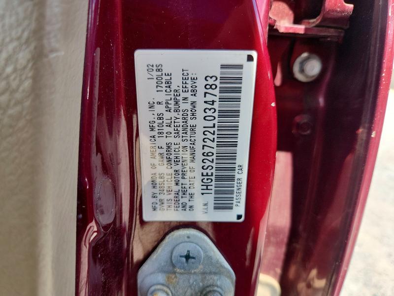 2002 Honda Civic მანქანა იყიდება აუქციონზე, vin: 1HGES26722L034783, აუქციონის ნომერი: 51798016