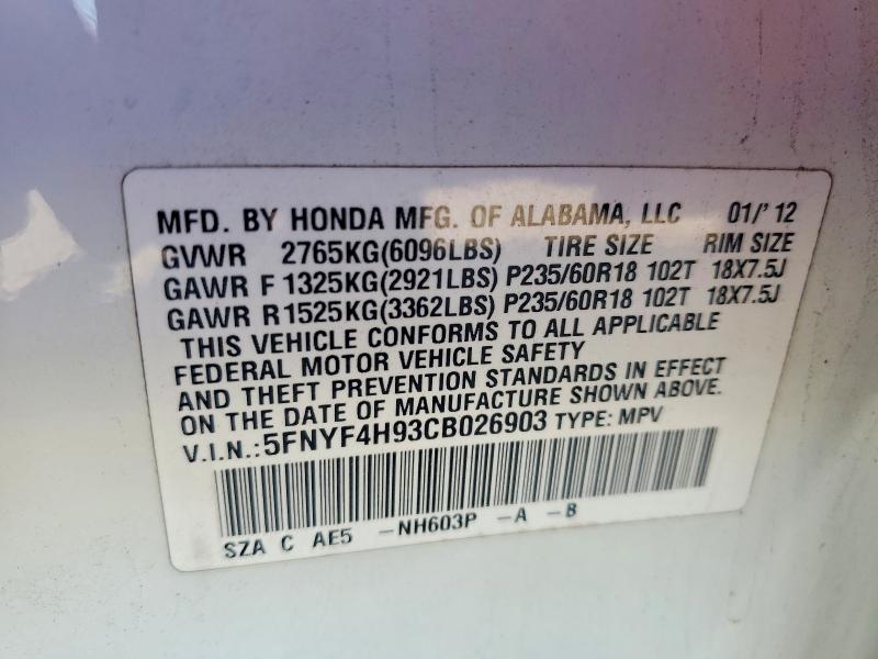 Aukcja sprzedaży 2012 Honda Pilot, vin: 5FNYF4H93CB026903, numer aukcji: 51560616