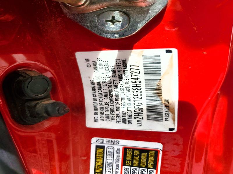 Aukcja sprzedaży 2008 Honda Civic, vin: 2HGFG12938H547277, numer aukcji: 54397086