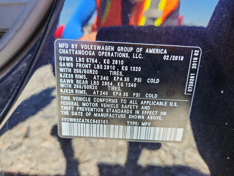 50338286 :رقم المزاد ، 1V2WR2CA7KC542101 vin ، 2019 Volkswagen Atlas مزاد بيع