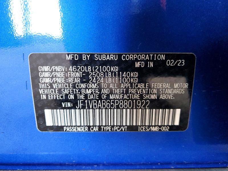 2023 Subaru Wrx მანქანა იყიდება აუქციონზე, vin: JF1VBAB65P8801922, აუქციონის ნომერი: 52418916