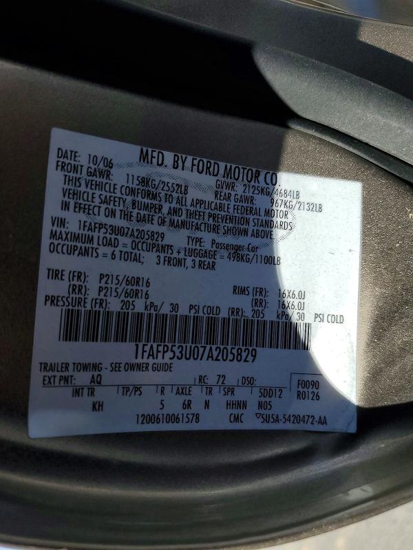Продажа на аукционе авто 2007 Ford Taurus, vin: 1FAFP53U07A205829, номер лота: 53980126