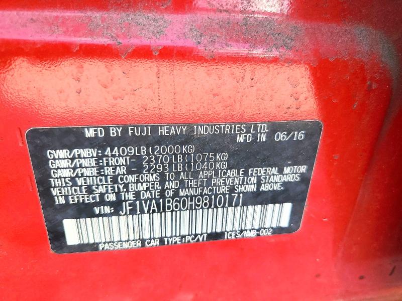 Aukcja sprzedaży 2017 Subaru Wrx, vin: JF1VA1B60H9810171, numer aukcji: 54495476