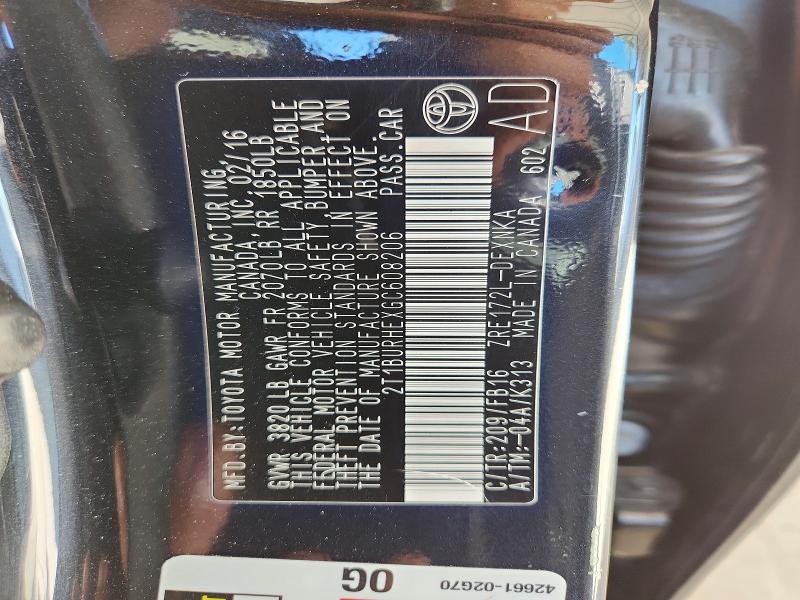 Продаж на аукціоні авто 2016 Toyota Corolla, vin: 2T1BURHEXGC608206, номер лоту: 53139666