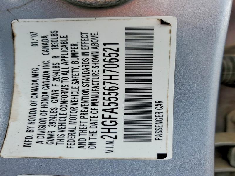 2007 Honda Civic მანქანა იყიდება აუქციონზე, vin: 2HGFA55567H706521, აუქციონის ნომერი: 52030736