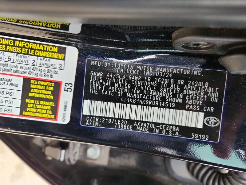 Auction sale of the 2024 Toyota Camry, vin: 4T1K61AK9RU914519, lot number: 53041086