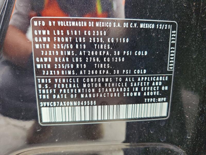 2022 Volkswagen Tiguan მანქანა იყიდება აუქციონზე, vin: 3VVCB7AX0NM049586, აუქციონის ნომერი: 55546836