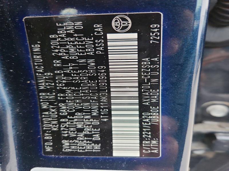 2020 Toyota Camry მანქანა იყიდება აუქციონზე, vin: 4T1G11AK3LU909649, აუქციონის ნომერი: 51880526
