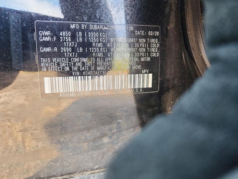 2020 Subaru Outback მანქანა იყიდება აუქციონზე, vin: 4S4BTAEC8L3201040, აუქციონის ნომერი: 54084266