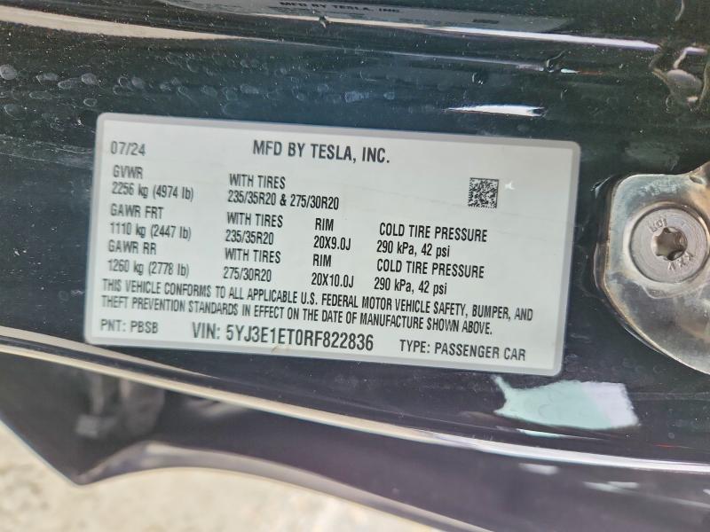 2024 Tesla Model 3 მანქანა იყიდება აუქციონზე, vin: 5YJ3E1ET0RF822836, აუქციონის ნომერი: 52696866