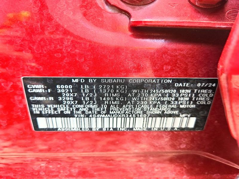 2024 Subaru Ascent მანქანა იყიდება აუქციონზე, vin: 4S4WMAUDXR3451607, აუქციონის ნომერი: 53762896