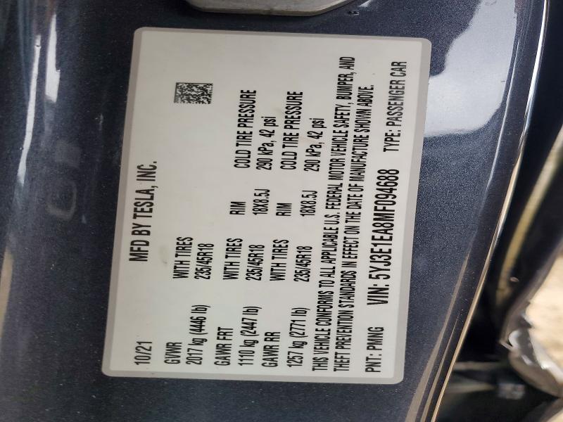 Продаж на аукціоні авто 2021 Tesla Model 3, vin: 5YJ3E1EA8MF094688, номер лоту: 52122986