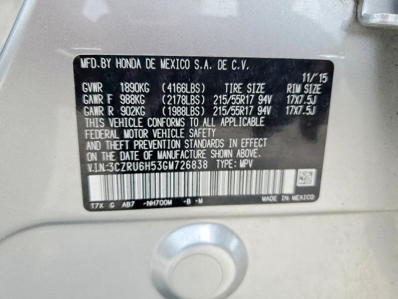 2016 Honda Hr-v მანქანა იყიდება აუქციონზე, vin: 3CZRU6H53GM726838, აუქციონის ნომერი: 52363966