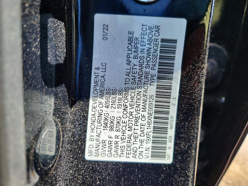 Продаж на аукціоні авто 2022 Honda Civic, vin: 19XFL1H8XNE009126, номер лоту: 54016626