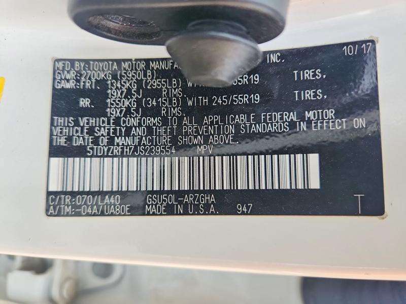 Aukcja sprzedaży 2018 Toyota Highlander, vin: 5TDYZRFH7JS239554, numer aukcji: 53956376
