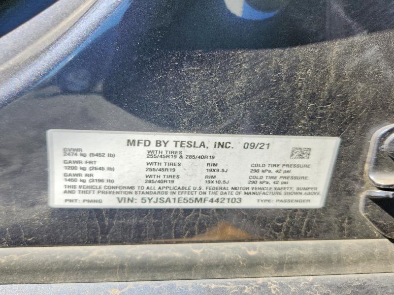 2021 Tesla Model S მანქანა იყიდება აუქციონზე, vin: 5YJSA1E55MF442103, აუქციონის ნომერი: 52469566