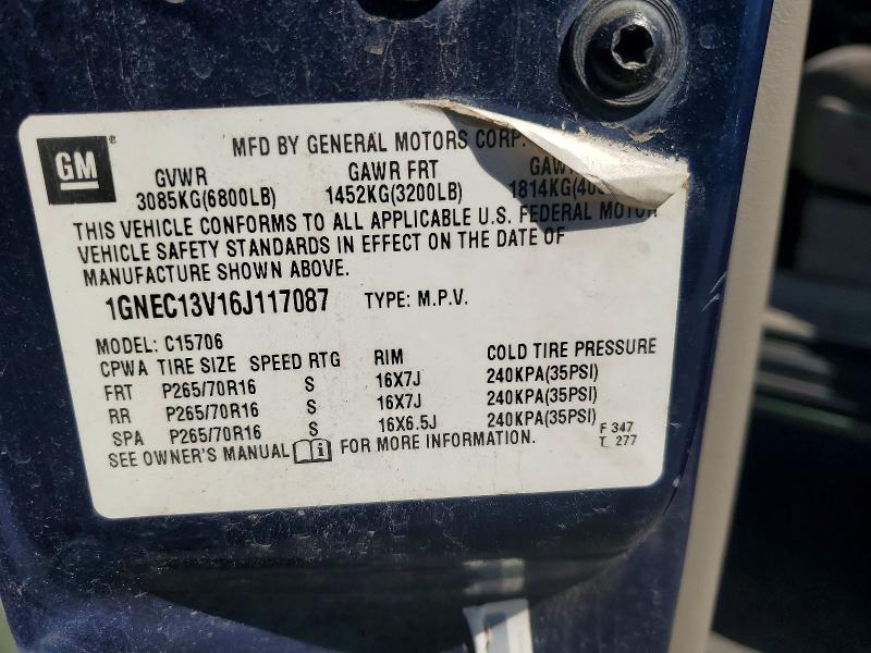 2006 Chevrolet Tahoe მანქანა იყიდება აუქციონზე, vin: 1GNEC13V16J117087, აუქციონის ნომერი: 54712856