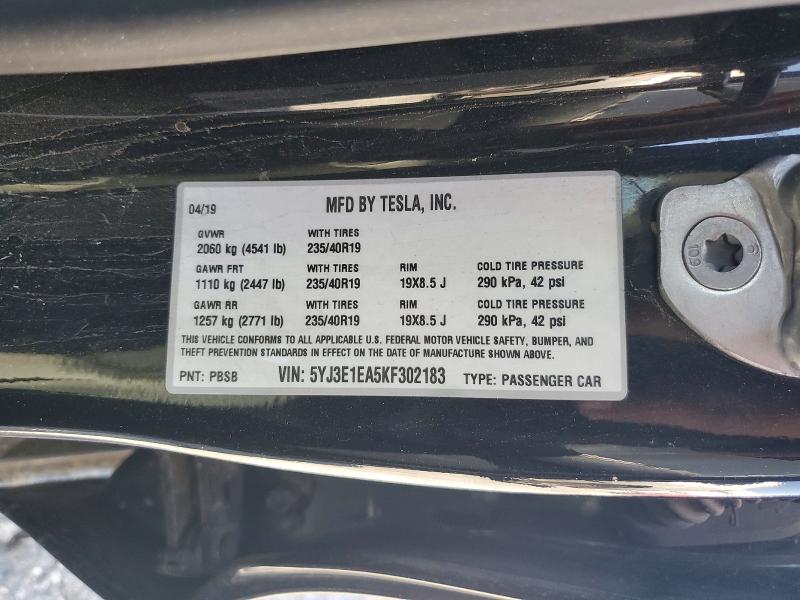 2019 Tesla Model 3 მანქანა იყიდება აუქციონზე, vin: 5YJ3E1EA5KF302183, აუქციონის ნომერი: 52401546
