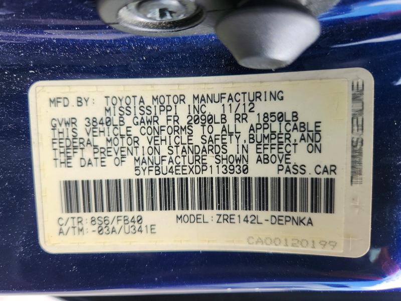 Aukcja sprzedaży 2013 Toyota Corolla, vin: 5YFBU4EEXDP113930, numer aukcji: 52373346