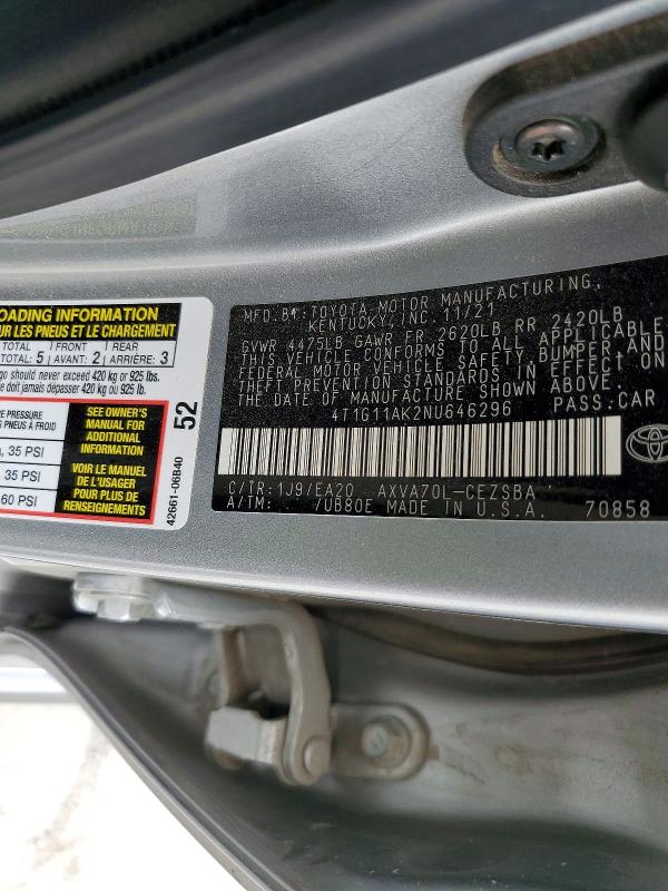 Продажа на аукционе авто 2022 Toyota Camry, vin: 4T1G11AK2NU646296, номер лота: 52692826