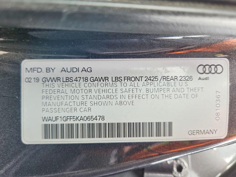 Продаж на аукціоні авто 2019 Audi S3, vin: WAUF1GFF5KA065478, номер лоту: 54820556