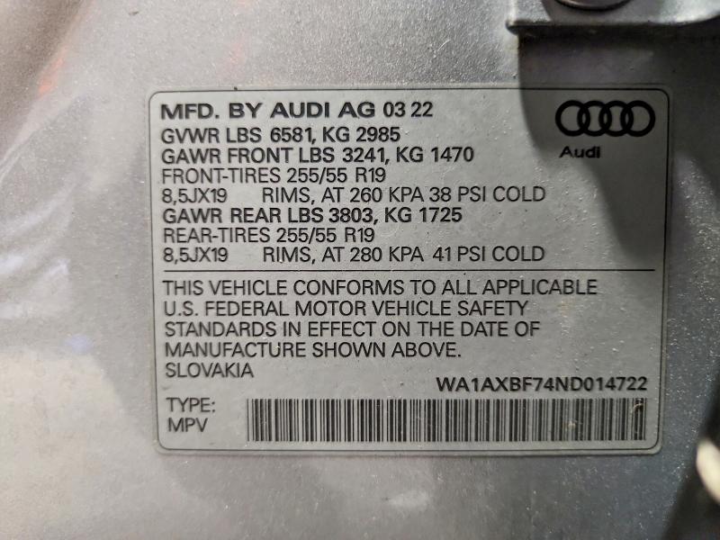 Aukcja sprzedaży 2022 Audi Q7, vin: WA1AXBF74ND014722, numer aukcji: 54301446