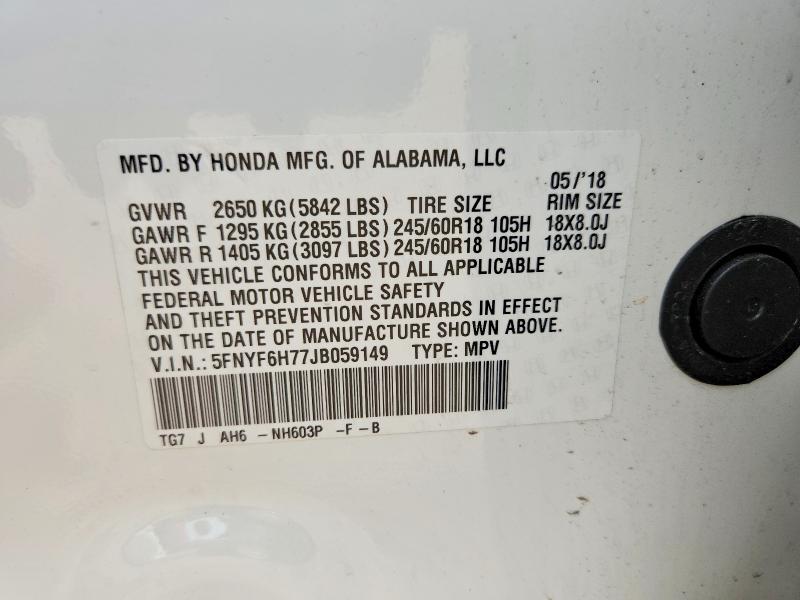 2018 Honda Pilot მანქანა იყიდება აუქციონზე, vin: 5FNYF6H77JB059149, აუქციონის ნომერი: 54790716