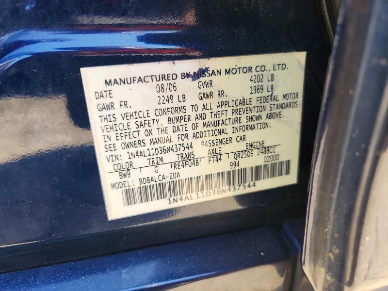 2006 Nissan Altima მანქანა იყიდება აუქციონზე, vin: 1N4AL11D36N437544, აუქციონის ნომერი: 53439086
