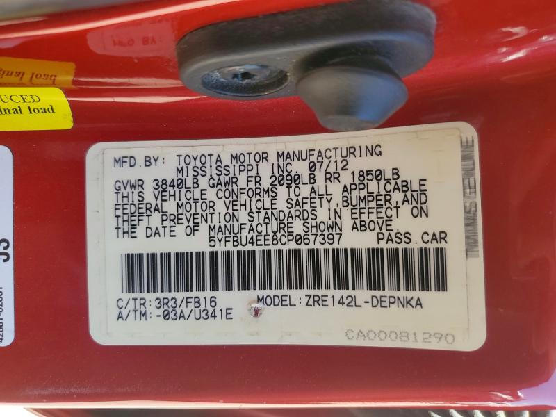 55152446 :رقم المزاد ، 5YFBU4EE8CP067397 vin ، 2012 Toyota Corolla مزاد بيع