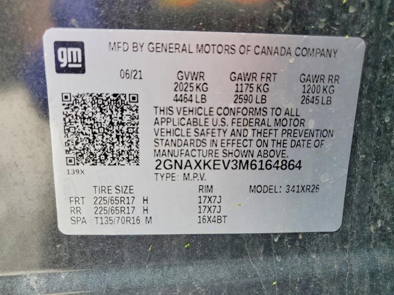 Aukcja sprzedaży 2021 Chevrolet Equinox, vin: 2GNAXKEV3M6164864, numer aukcji: 53314506