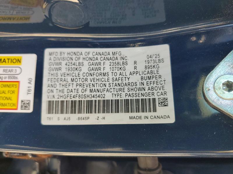 Продаж на аукціоні авто 2025 Honda Civic, vin: 2HGFE4F80SH345402, номер лоту: 54561396