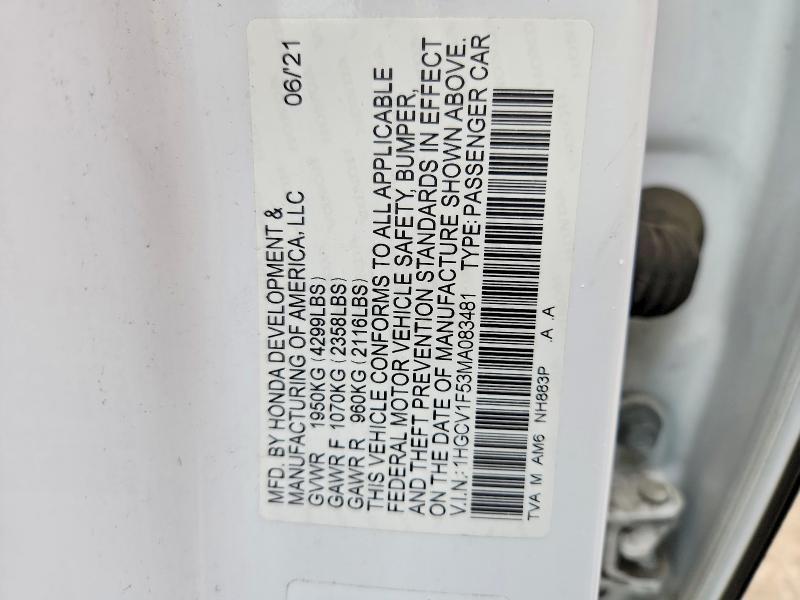 2021 Honda Accord მანქანა იყიდება აუქციონზე, vin: 1HGCV1F53MA083481, აუქციონის ნომერი: 52234086