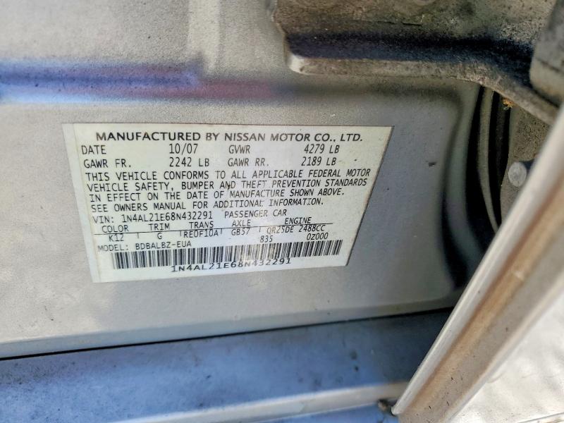 2008 Nissan Altima მანქანა იყიდება აუქციონზე, vin: 1N4AL21E68N432291, აუქციონის ნომერი: 53545686