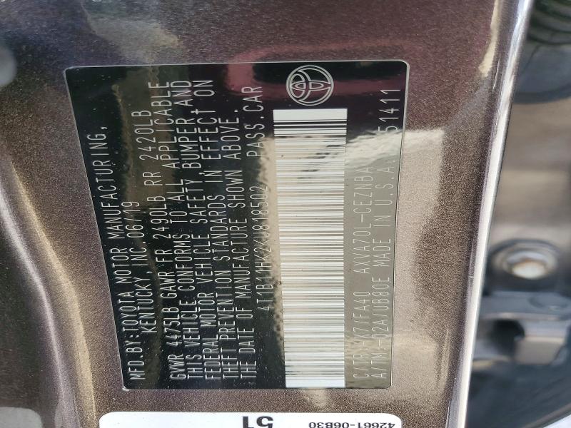 Auction sale of the 2019 Toyota Camry, vin: 4T1B11HK2KU818502, lot number: 53481226