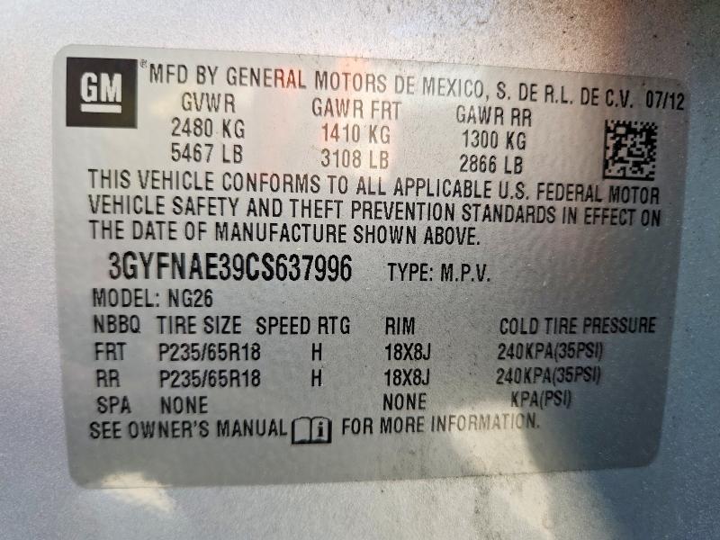 Aukcja sprzedaży 2012 Cadillac Srx, vin: 3GYFNAE39CS637996, numer aukcji: 53184236