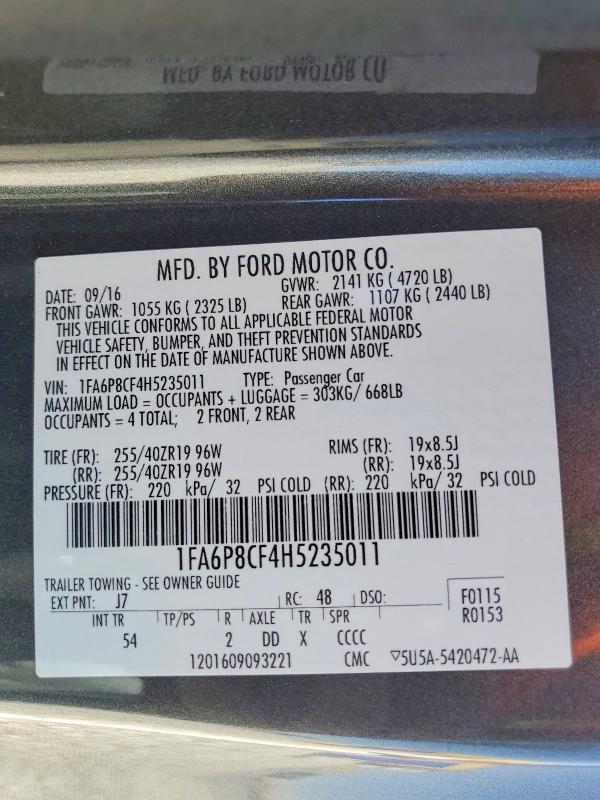 2017 Ford Mustang მანქანა იყიდება აუქციონზე, vin: 1FA6P8CF4H5235011, აუქციონის ნომერი: 52091806
