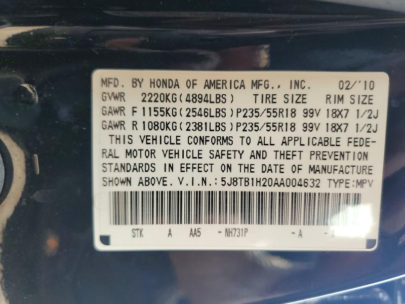54099866 :رقم المزاد ، 5J8TB1H20AA004632 vin ، 2010 Acura Rdx مزاد بيع