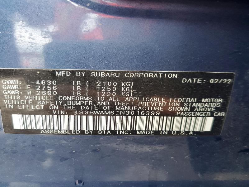 Aukcja sprzedaży 2022 Subaru Legacy, vin: 4S3BWAM61N3016399, numer aukcji: 55160296