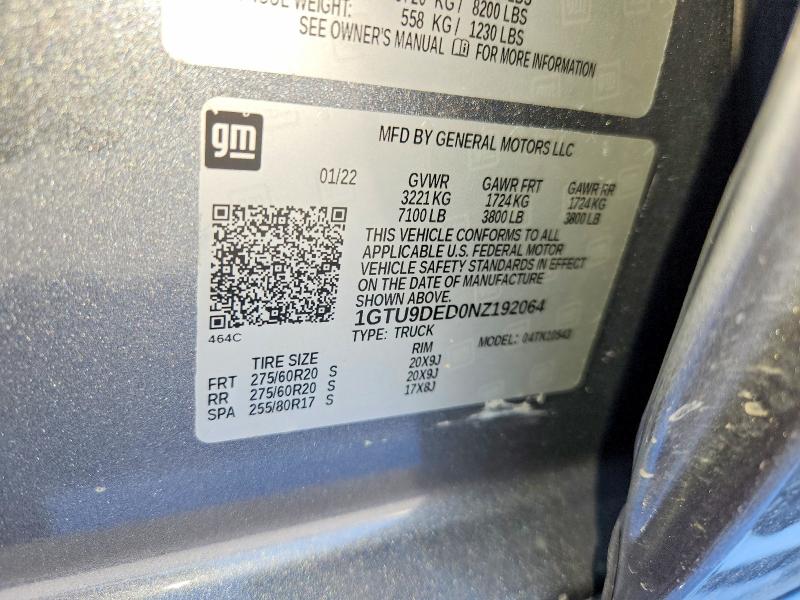 54535326 :رقم المزاد ، 1GTU9DED0NZ192064 vin ، 2022 Gmc Sierra Limited مزاد بيع