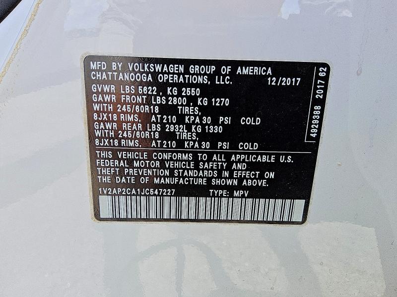 2018 Volkswagen Atlas მანქანა იყიდება აუქციონზე, vin: 1V2AP2CA1JC547227, აუქციონის ნომერი: 53713706