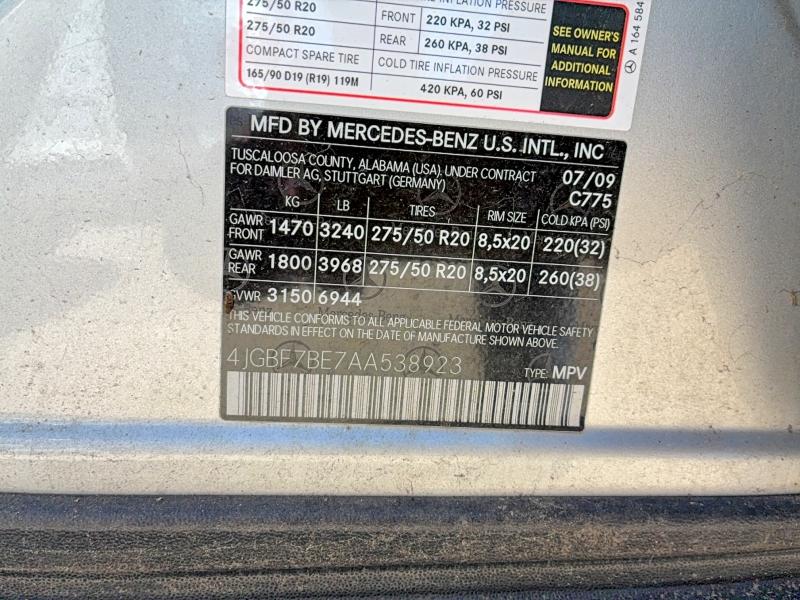 Aukcja sprzedaży 2010 Mercedes-benz Gl, vin: 4JGBF7BE7AA538923, numer aukcji: 53975296