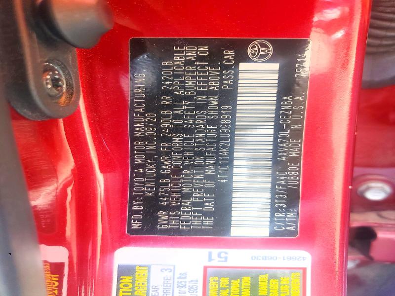 2020 Toyota Camry მანქანა იყიდება აუქციონზე, vin: 4T1C11AK2LU998919, აუქციონის ნომერი: 55037806