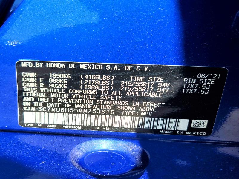 2021 Honda Hr-v მანქანა იყიდება აუქციონზე, vin: 3CZRU6H55MM753616, აუქციონის ნომერი: 53969576